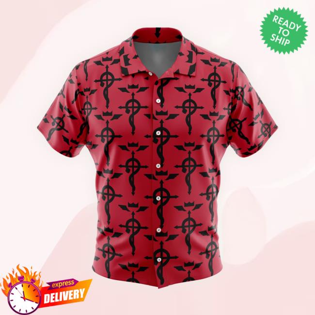 Flamel’S Cross Full Metal Alchemist Button Up Hawaiian Tee