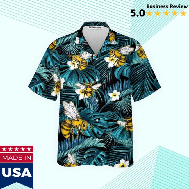 Official Bees Hawaiian Shirt, Tropical Summer Blue Leaves Aloha Shirt For Men - Perfect Gift For Bee Lovers, Husband, Boyfriend, Friend, Family Tee