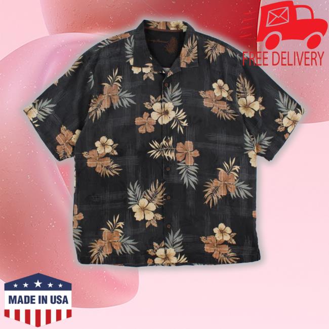 Mens Tommy Bahama Black Hibiscus Pattern Silk Hawaiian Shirts
