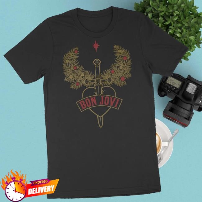 Trending Bon Jovi Merch Store Heart & Dagger Holiday Wreath Black Tee Shirt