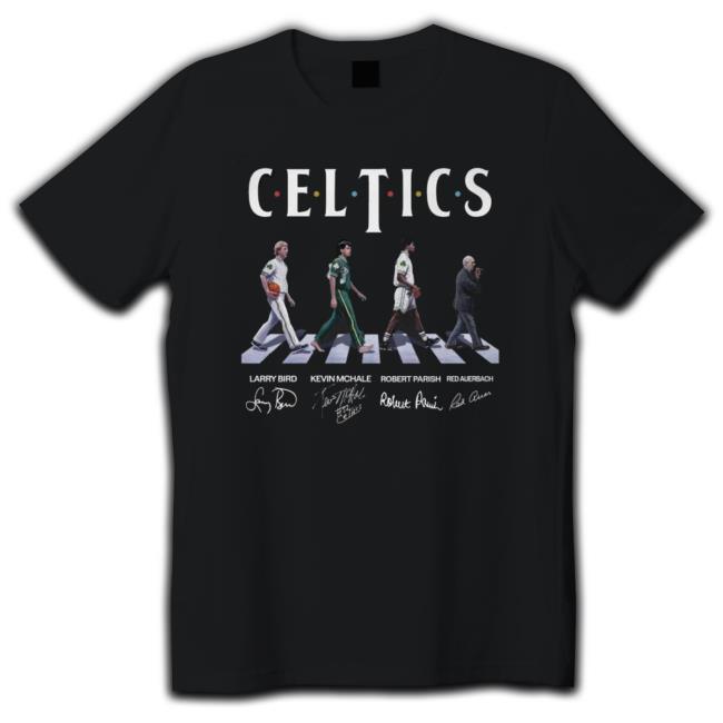 Boston Celtics Bird Mchale Parish And Auerbach Abbey Road Signatures T-Shirt