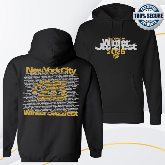 Trending Winter Jazz Fest Merch Store Black Wjf Hoodie With/ Gold And Light Gray / Artist Lineup On Back Shirts