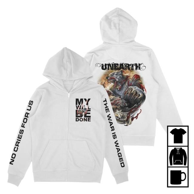 Original Unearth Official Shop Merch Store My Will Be Done Zip-Up Long Sleeve T Shirt - White