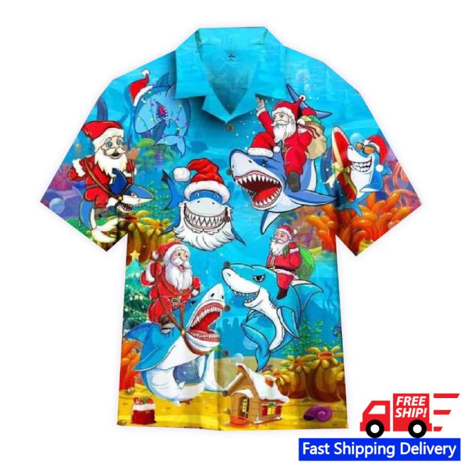 Official High Quality Hawaiian t-shirt, hoodie, tank top, sweater and long sleeve t-shirt Christmas Santa Shark Santa Sled Brings Gifts To Ocean